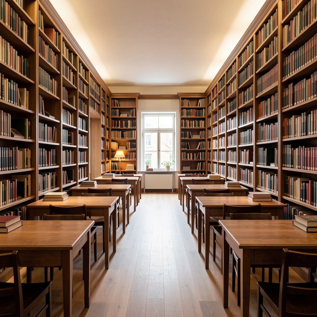 Wide view of a clean reading room with tall bookshelves lining the walls, warm indirect lighting and wooden reading tables, conveying a scholarly and calm editorial environment
