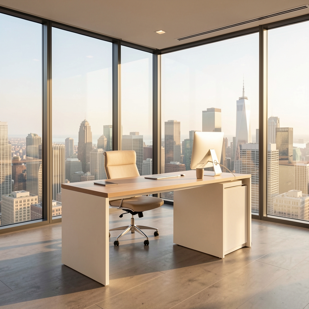 Wide minimalist office desk near floor-to-ceiling windows overlooking a city skyline, warm afternoon light filling the room with calm and openness