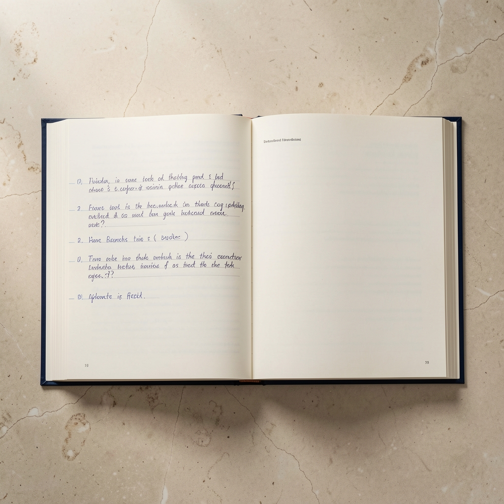 Open hardcover reference book with handwritten margin notes photographed from above on a light stone surface