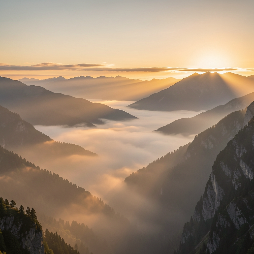 Expansive misty mountain landscape at dawn with warm golden light breaking through the horizon, evoking calm and reflection