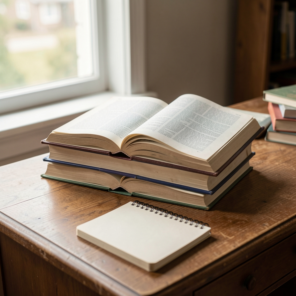 Stack of open reference books and a notepad on a wooden desk in soft natural window light, representing study and critical inquiry