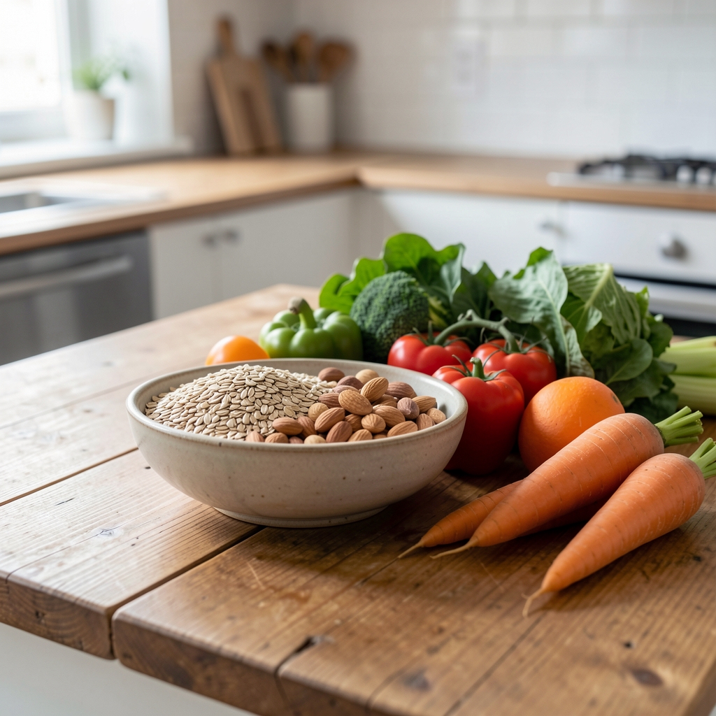 Close-up of a wooden table with a bowl of whole grains, nuts and fresh vegetables arranged in a calm, minimalist kitchen setting